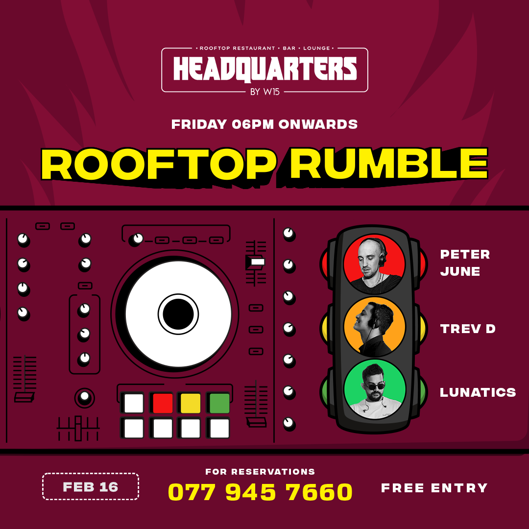 Get ready for Rooftop Rumble - Traffic Light Edition! 🚦 Let DJs Trev D, Peter June, & Lunatics guide your night. Dress code? Red if you're taken, yellow if it's complicated, and green if you're single & ready to mingle. Find your signal and let's light up the night!